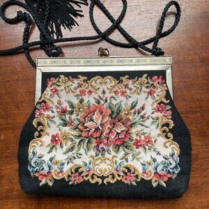 Vintage Needlepoint Floral Evening Bag Gold Frame Tassel Strap